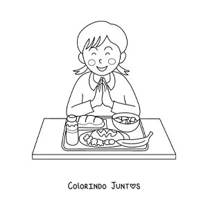 Desenho para colorir de uma menina com as mãos juntas agradecendo o alimento do refeitório escolar