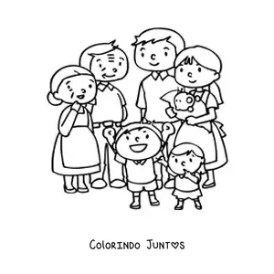 Desenho para colorir de um pai, uma mãe, dois filhos e um bebê recebendo um casal de avós