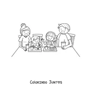 Desenho para colorir de uma família sentada à mesa comendo comida de fast-food