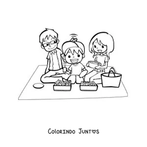 Desenho para colorir de um menino e seus pais comendo em um piquenique