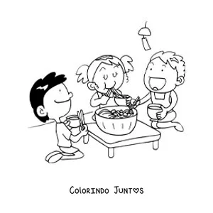 Desenho para colorir de crianças sentadas comendo comida asiática