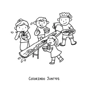 Desenho para colorir de pessoas comendo lámen em um restaurante japonês
