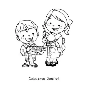 Desenho para colorir de crianças japonesas comendo sorvete e doces
