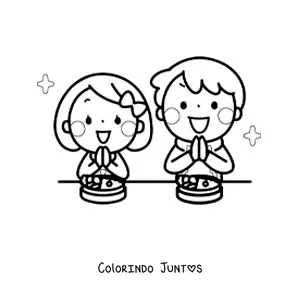 Desenho para colorir de duas crianças agradecendo pela comida antes de comer