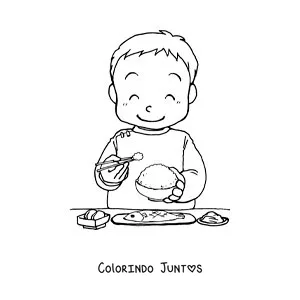 Desenho para colorir de um menino asiático comendo arroz com hashi