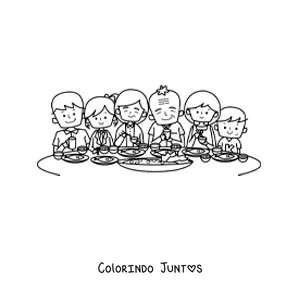 Desenho para colorir de uma grande família animada comendo à mesa