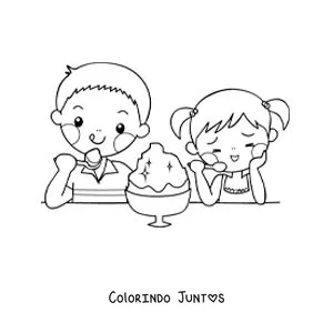 Desenho para colorir de duas crianças kawaii comendo sorvete