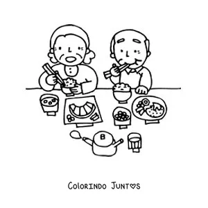 Desenho para colorir de dois avós comendo juntos à mesa