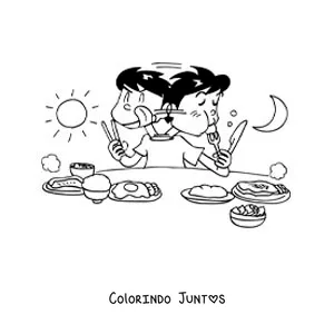 Desenho para colorir de um menino comendo à mesa da manhã até a noite