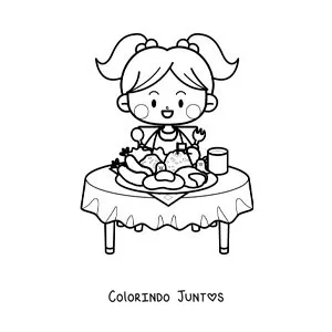 Desenho para colorir de uma menina kawaii sentada à mesa com um prato de comida