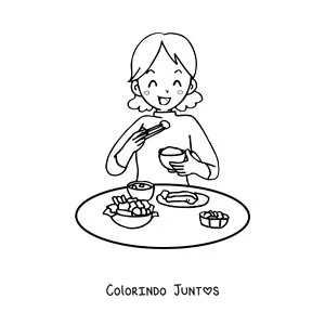 Desenho para colorir de uma mulher almoçando à mesa