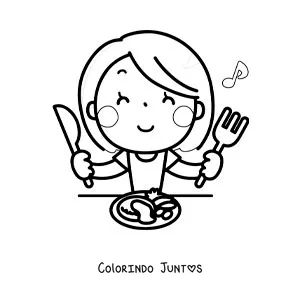 Desenho para colorir de uma mulher kawaii comendo à mesa com talheres