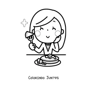 Desenho para colorir de uma mulher kawaii comendo panquecas no café da manhã