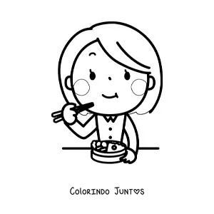 Desenho para colorir de uma mulher kawaii comendo com hashi