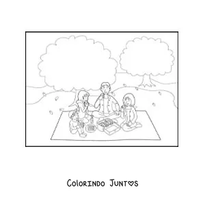Desenho para colorir de crianças e seus pais comendo em família em um piquenique