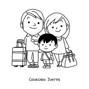 Desenho para colorir de uma família nuclear com bagagem de viagem
