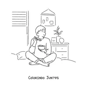 Desenho para colorir de um menino comendo sentado na cama