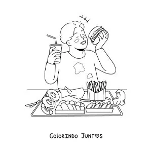 Desenho para colorir de um menino comendo besteiras