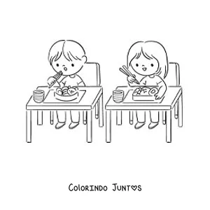 Desenho para colorir de duas crianças almoçando na escola