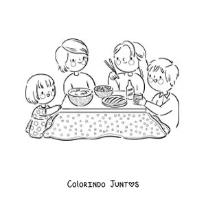 Desenho para colorir de uma família almoçando junta à mesa