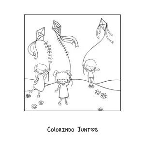Desenho para colorir de crianças soltando pipas no parque