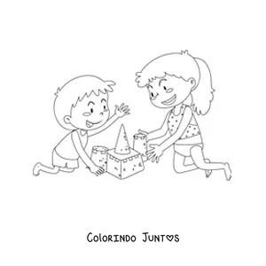 Desenho para colorir de uma menina e um menino brincando na praia