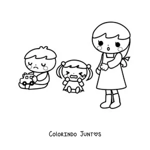 Desenho para colorir de duas crianças brincando na pré-escola com a professora
