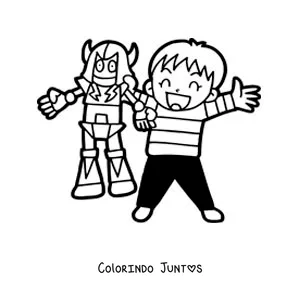 Desenho para colorir de um menino brincando com seu robô de brinquedo