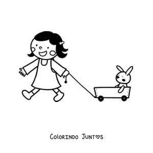 Desenho para colorir de uma menina brincando com seu coelho de pelúcia