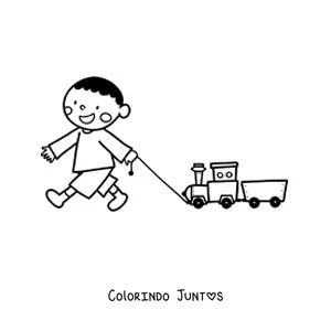 Desenho para colorir de um menino brincando com seu trem de brinquedo