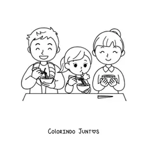 Desenho para colorir de uma família nuclear jantando macarrão