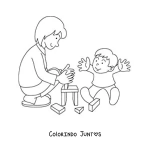Desenho para colorir de uma mãe brincando com seu filho pequeno