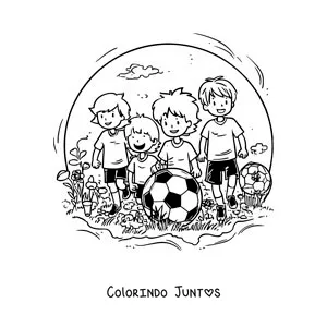 Desenho para colorir de um grupo de crianças jogando futebol