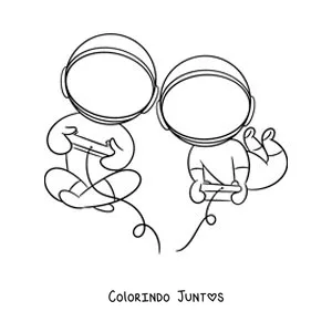 Desenho para colorir de dois astronautas animados jogando videogame