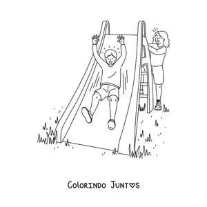 Desenho para colorir de duas crianças brincando em um escorregador