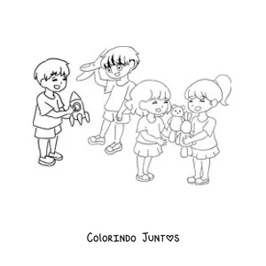 Desenho para colorir de meninos e meninas brincando com brinquedos na escola