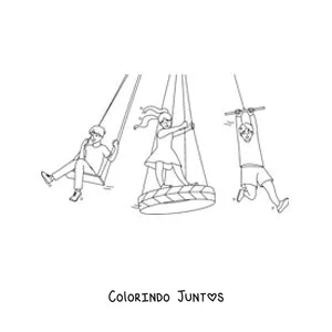 Desenho para colorir de crianças brincando nos balanços do parque