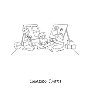 Desenho para colorir de crianças brincando e estudando na escola