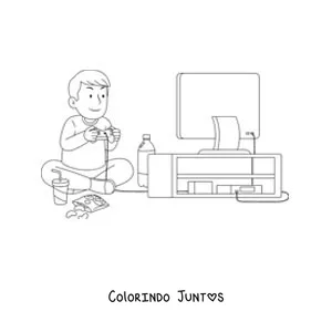 Desenho para colorir de um menino sentado jogando videogame em frente à televisão