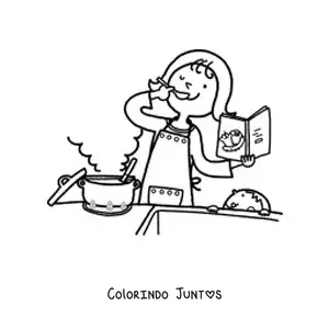 Desenho para colorir de uma mãe cozinhando enquanto o filho a observa