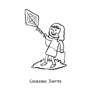 Desenho para colorir de uma menina brincando com uma pipa