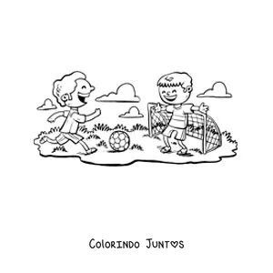 Desenho para colorir de duas crianças animadas jogando futebol no parque