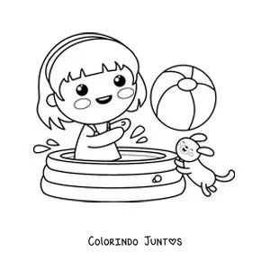 Desenho para colorir de uma menina kawaii brincando com uma bola na piscina