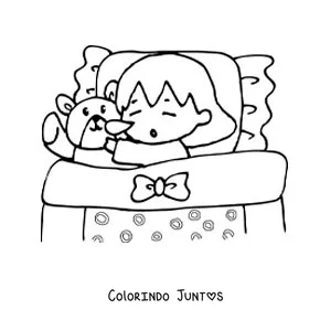 Desenho para colorir de uma menina dormindo com seu ursinho de pelúcia na cama
