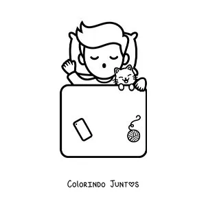Desenho para colorir de um menino dormindo com seu gato