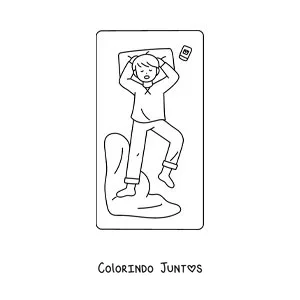 Desenho para colorir de um menino dormindo na cama ao lado do celular