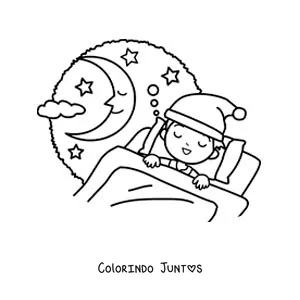 Desenho para colorir de um menino dormindo na cama com a lua ao fundo