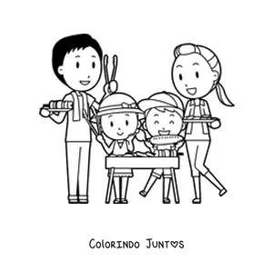 Desenho para colorir de uma família fazendo um churrasco