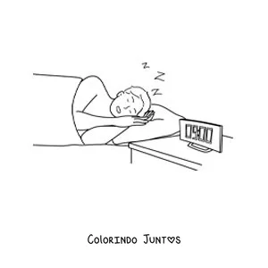 Desenho para colorir de um menino dormindo na cama com um relógio que marca 9 horas