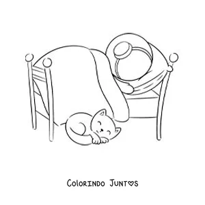 Desenho para colorir de um astronauta animado dormindo na cama com seu gato